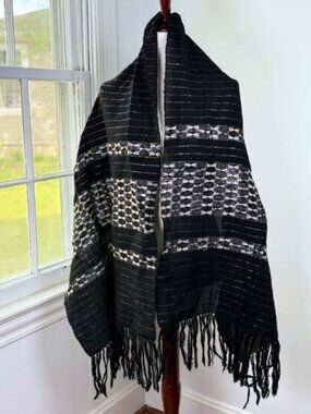 Vintage Italian 100% Pure Wool Scarf Shawl Metallic Black and White Pinstripes